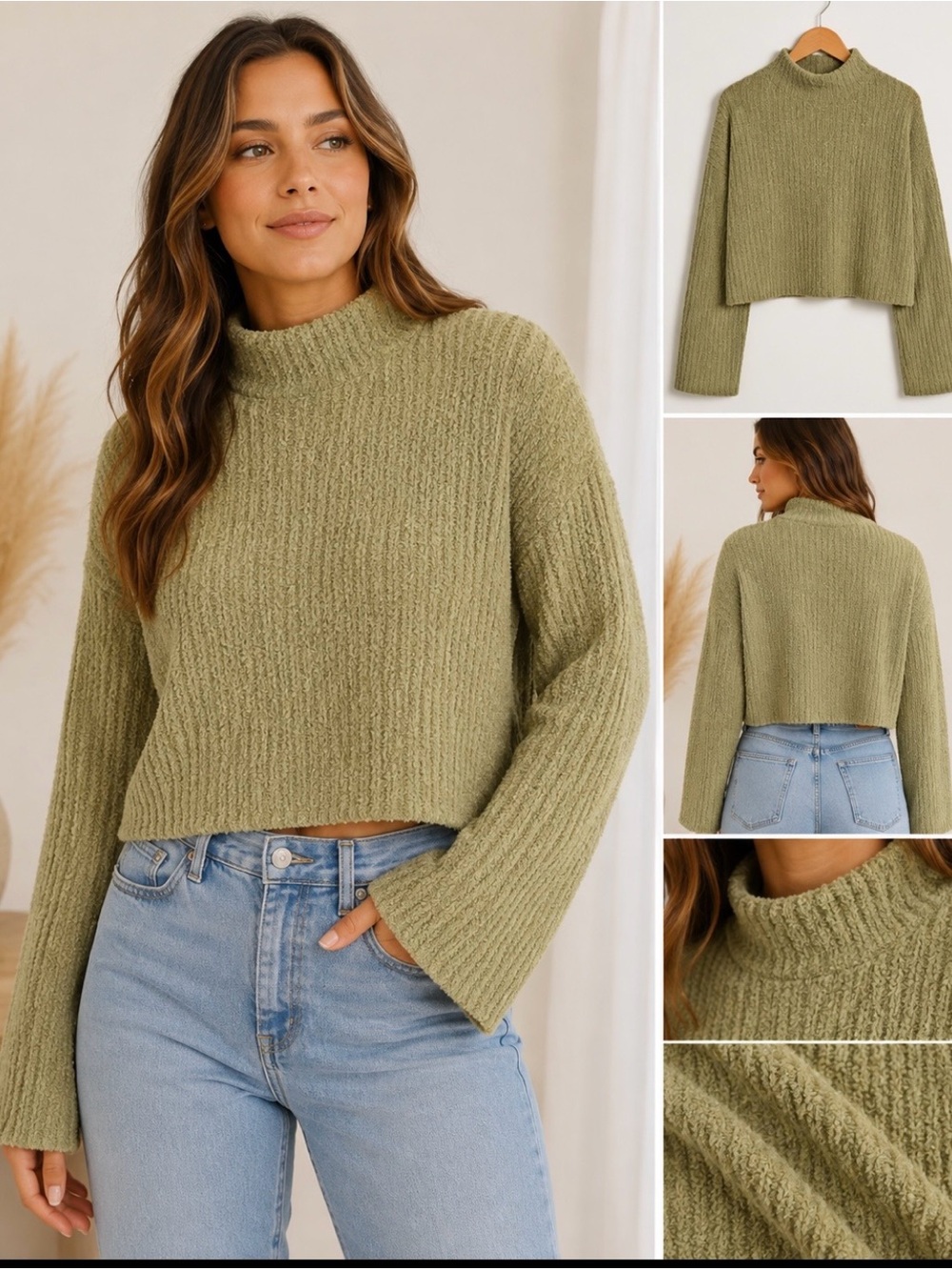 Lush Brsnd  Olive Cropped Mock Neck Sweater